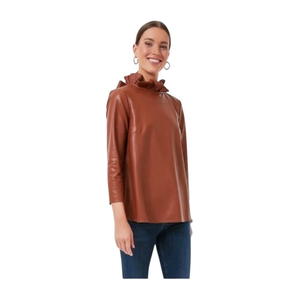 Tuckernuck Faye Cognac Brown Faux Leather Ruffle Collar Back Tie Top, Size Small